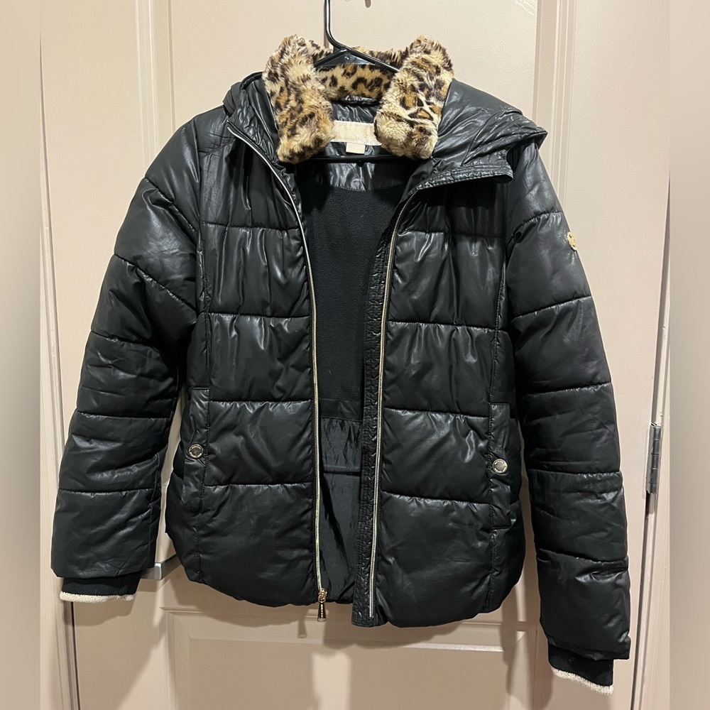 Michael Kors Black Puffer Jacket with Animal Print Collar